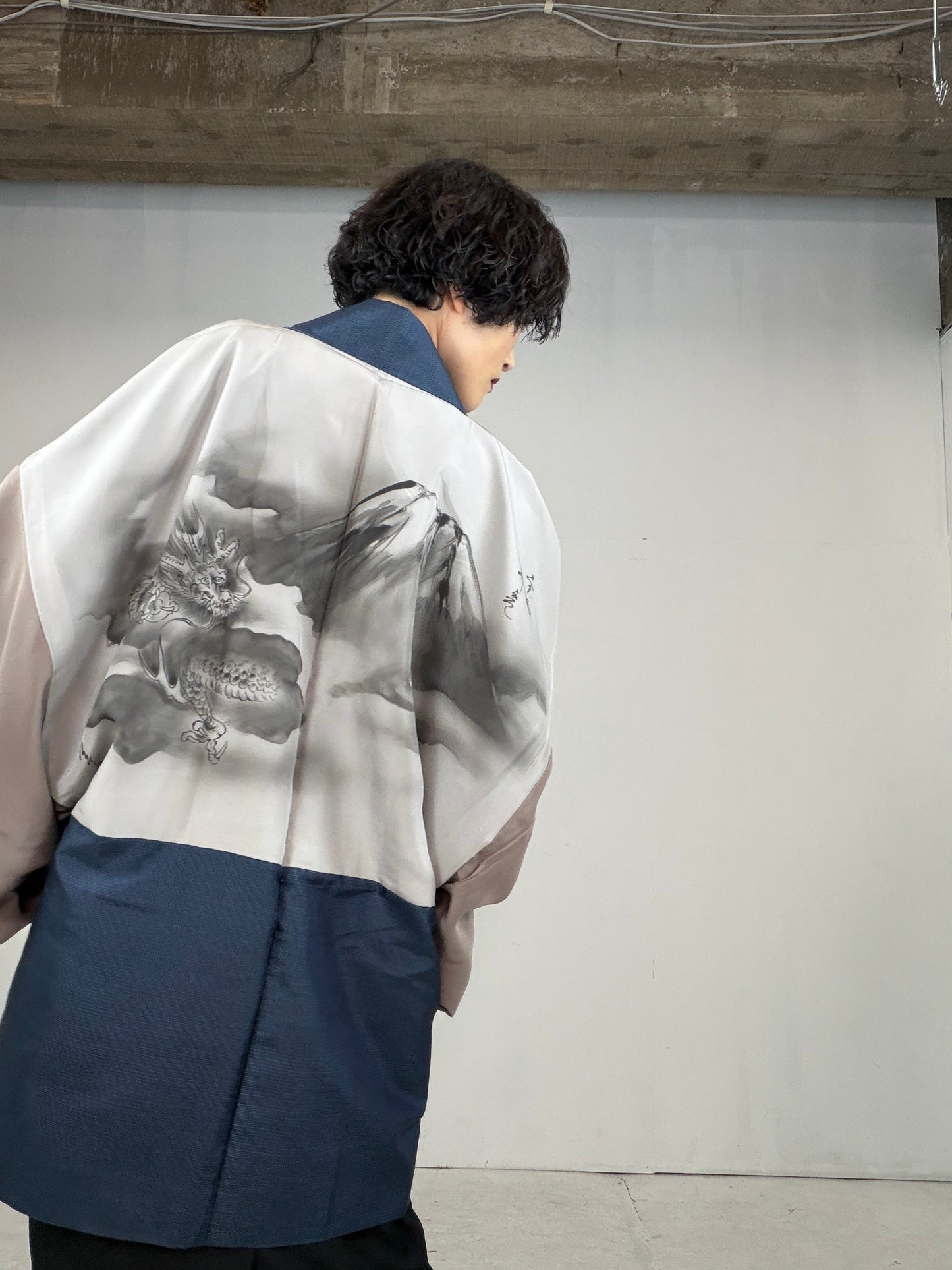 VINTAGE KAWAII HAORI oversized  "oshima, blue, fuji,  dragon 013"