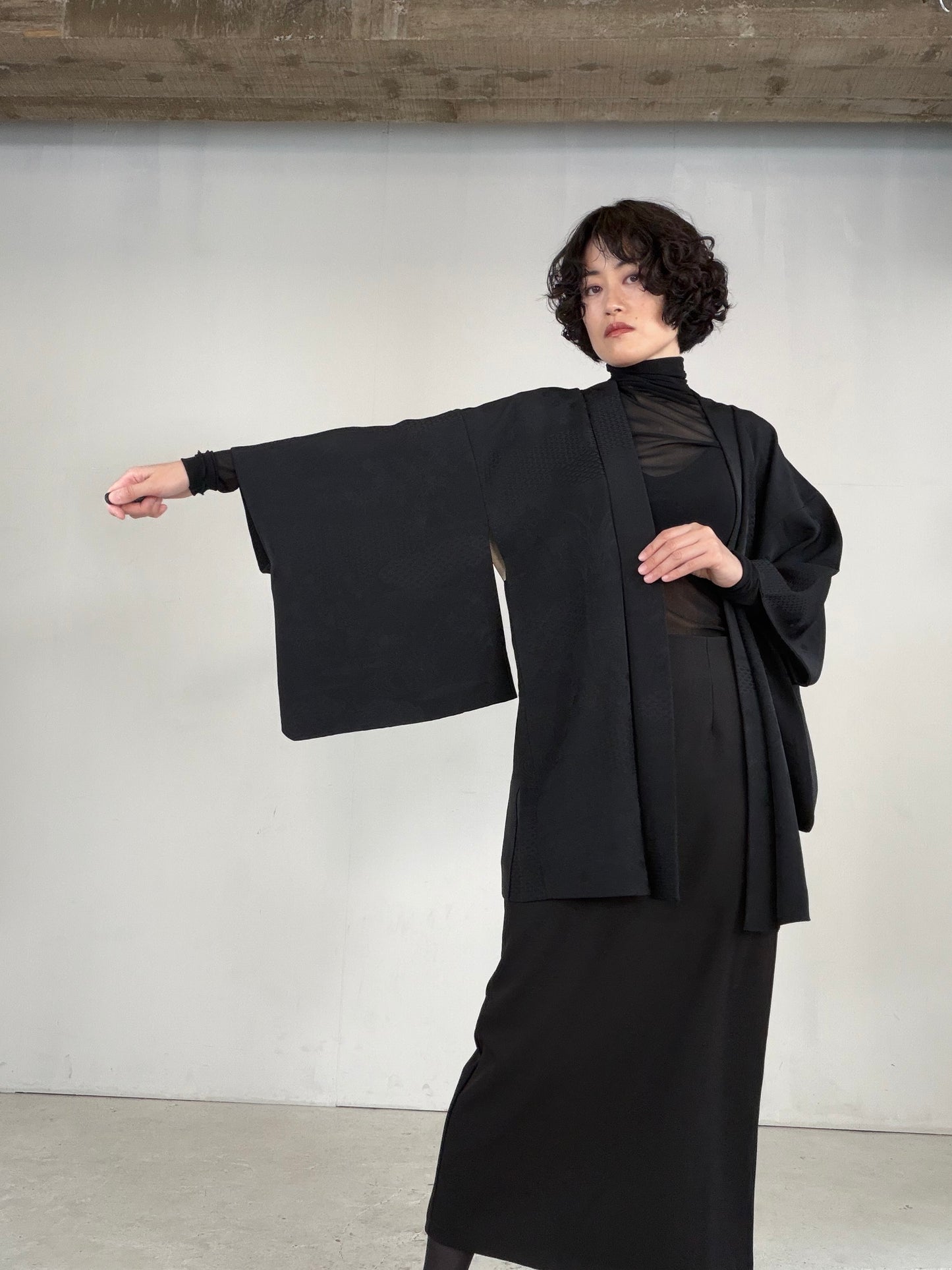 VINTAGE BLACK HAORI  "motifs of the Four Seasons, BLK180"