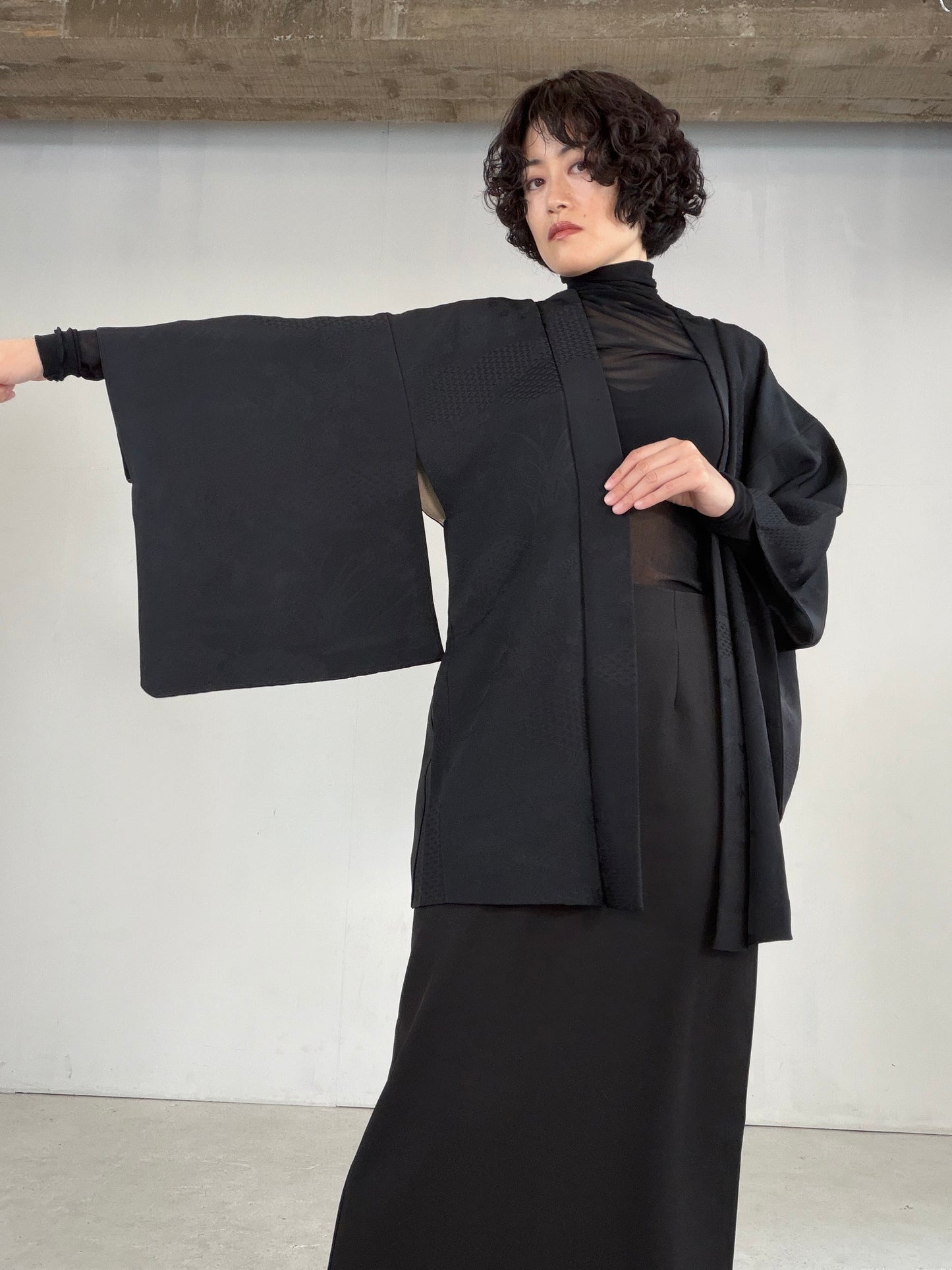 VINTAGE BLACK HAORI  "motifs of the Four Seasons, BLK180"