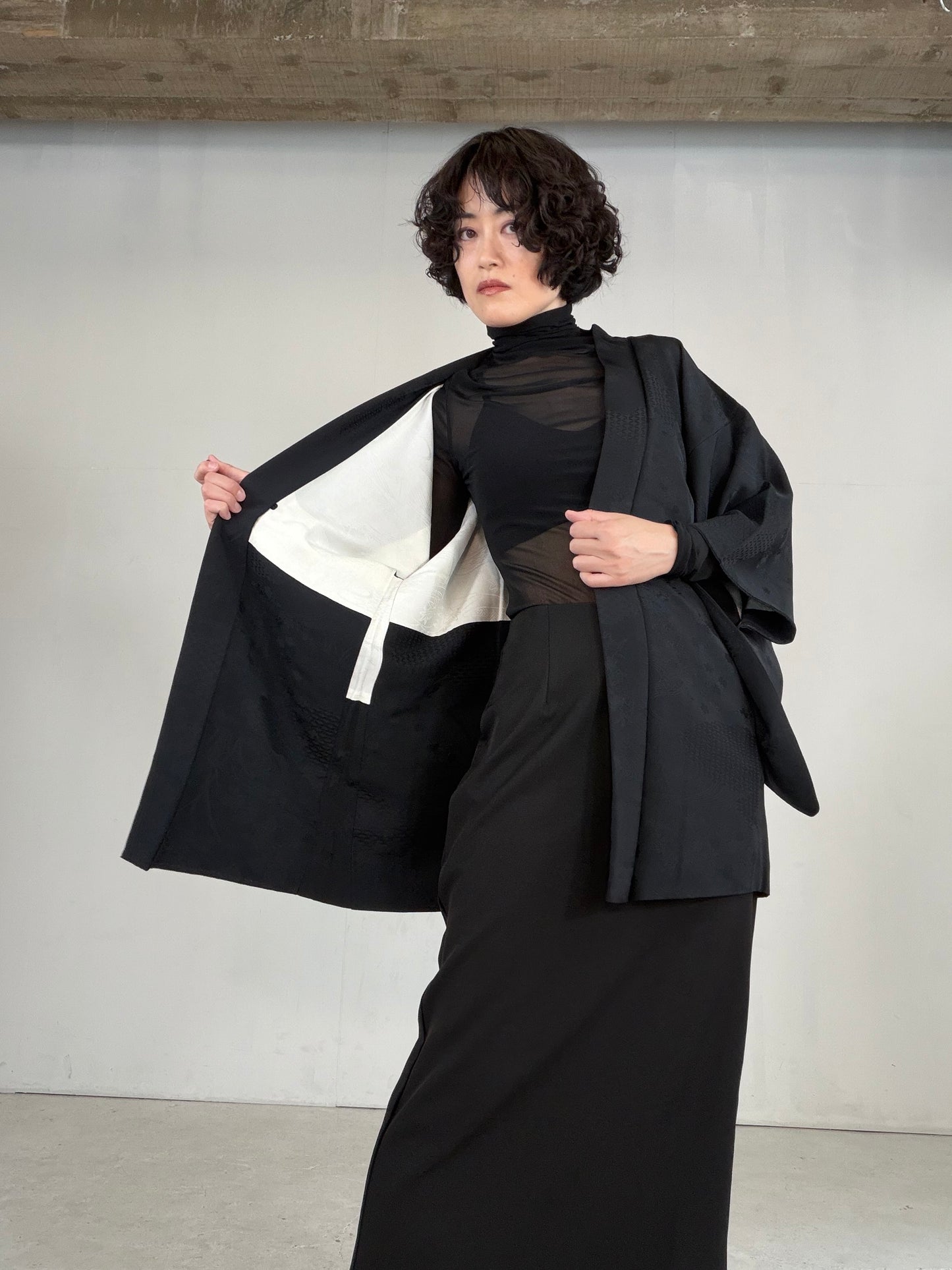 VINTAGE BLACK HAORI  "motifs of the Four Seasons, BLK180"