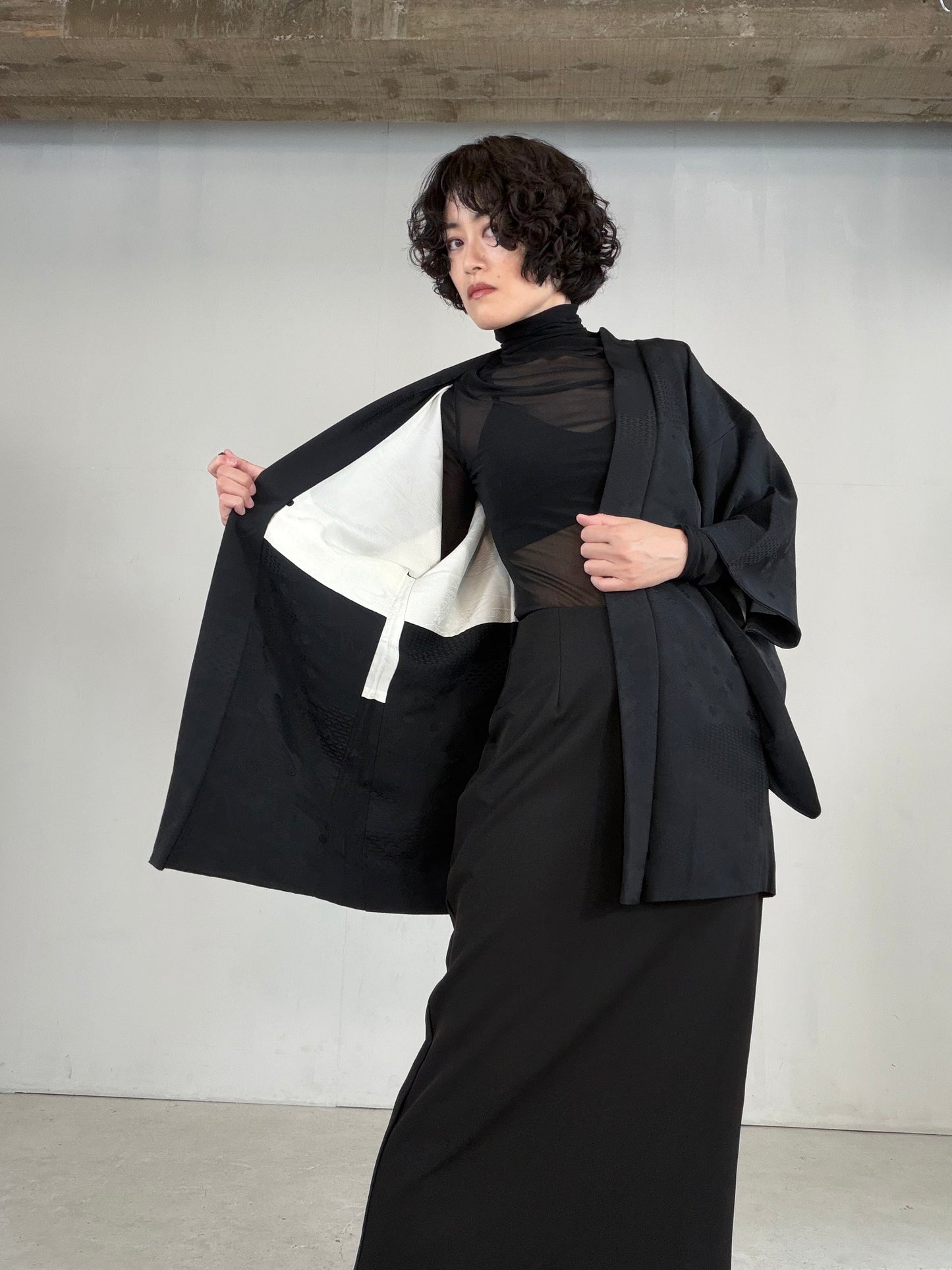 VINTAGE BLACK HAORI  "motifs of the Four Seasons, BLK180"