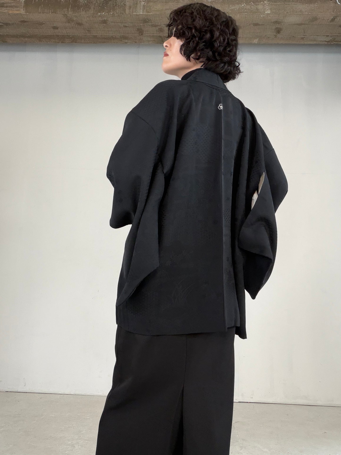VINTAGE BLACK HAORI  "motifs of the Four Seasons, BLK180"