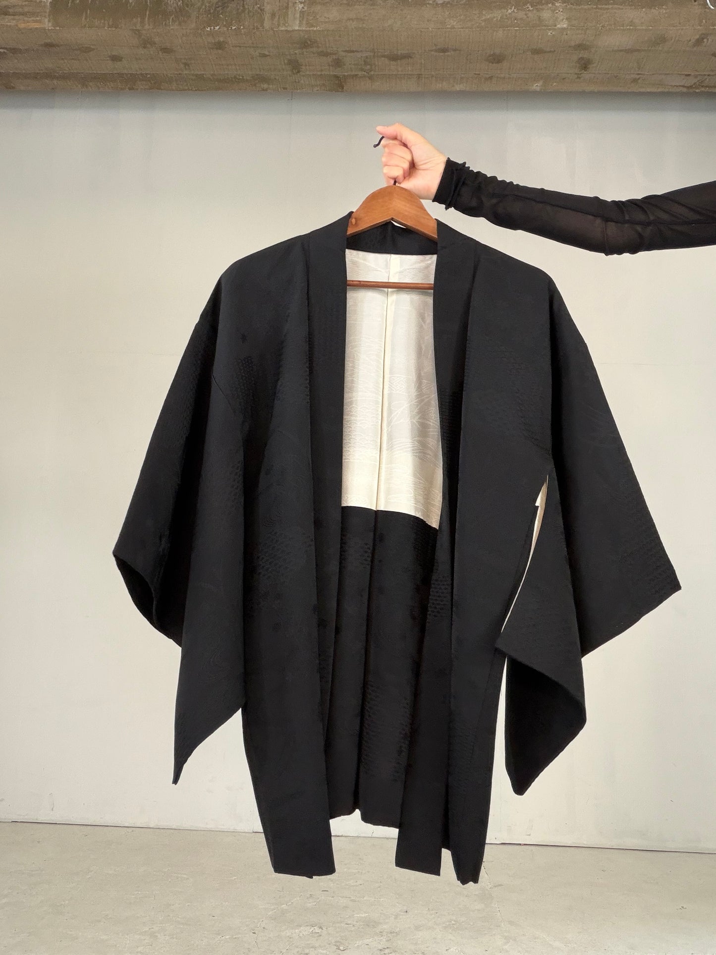 VINTAGE BLACK HAORI  "motifs of the Four Seasons, BLK180"