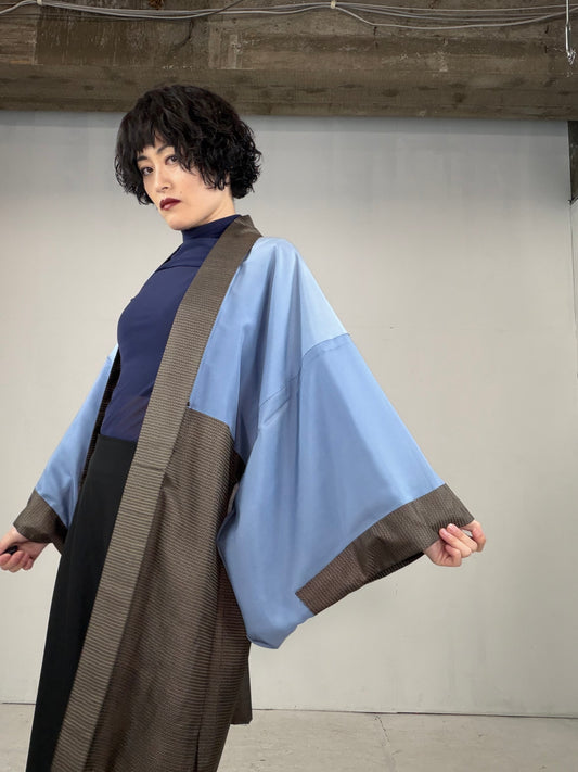 VINTAGE KAWAII HAORI oversized  "oshima, brown, kari , 003"