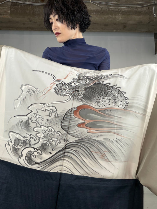 VINTAGE KAWAII HAORI oversized  "oshima, blue, cute dragon , 002"