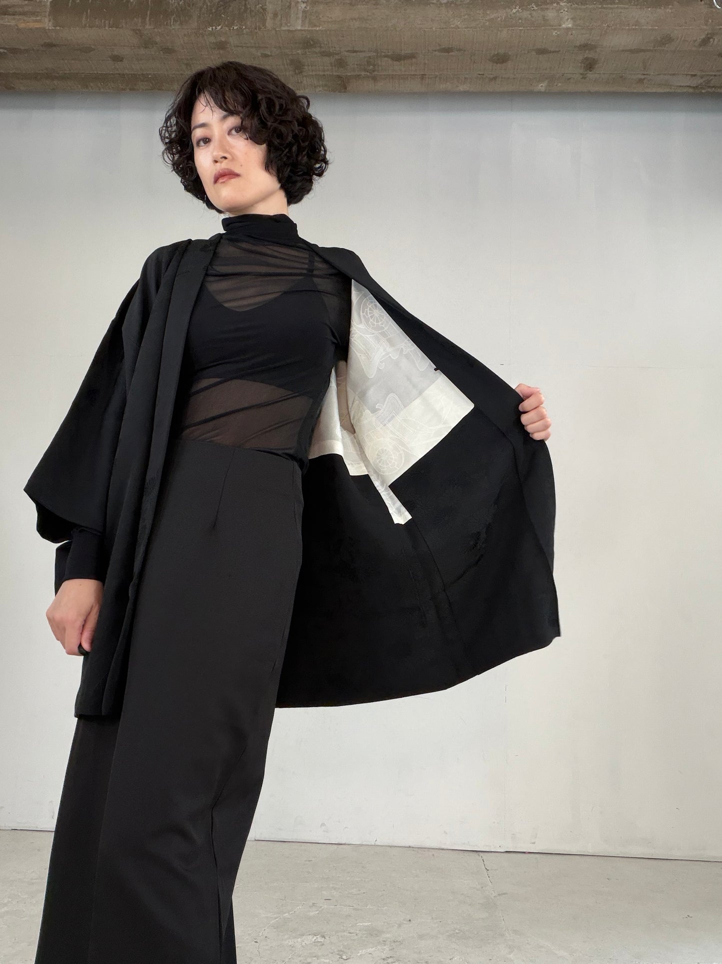 VINTAGE BLACK HAORI  "inside-goshoguruma, gosan-kiri-mon, BLK183"