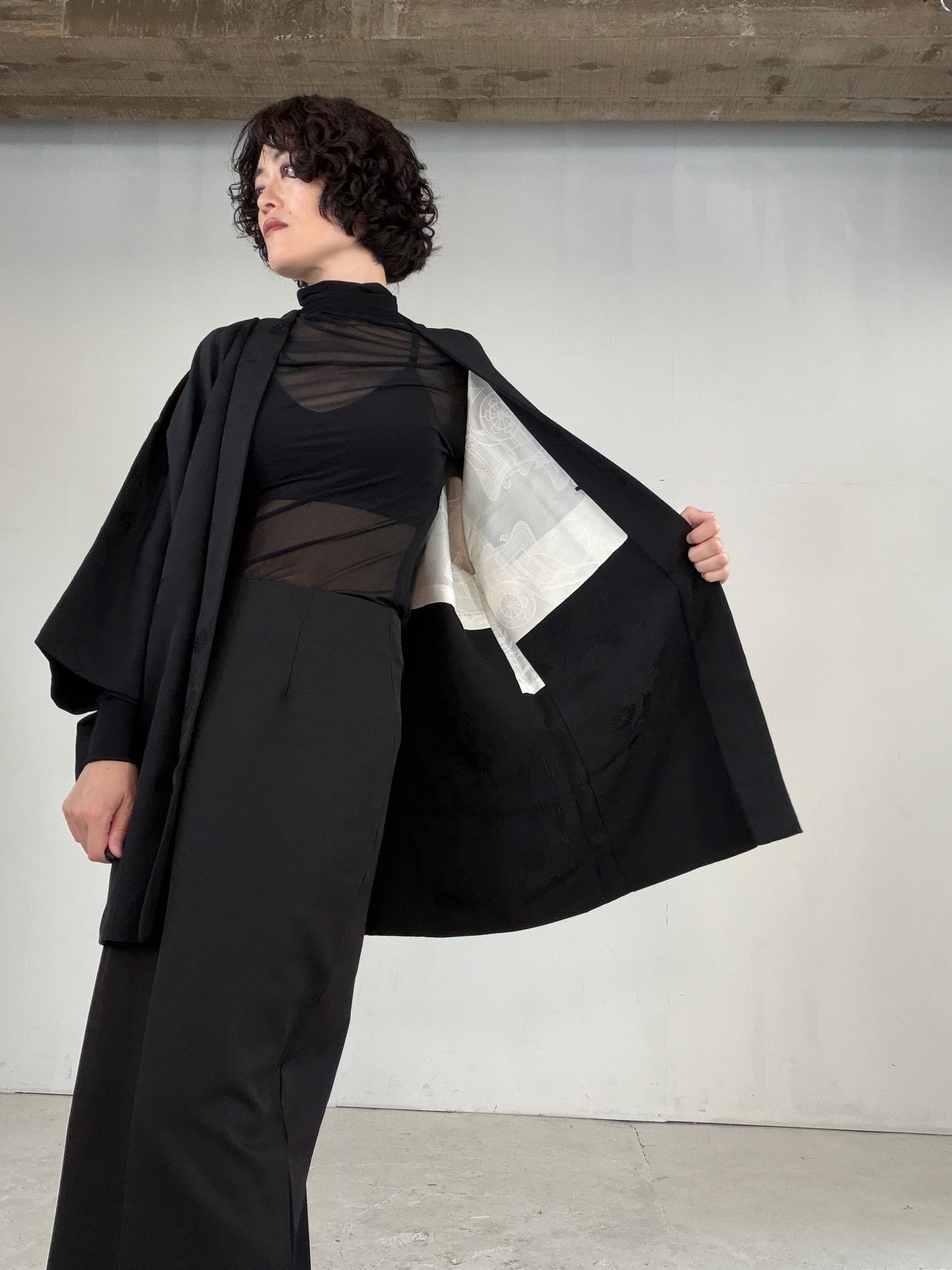 VINTAGE BLACK HAORI  "inside-goshoguruma, gosan-kiri-mon, BLK183"