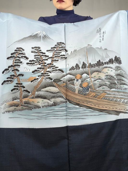 VINTAGE KAWAII HAORI oversized  "oshima, blue, fune ,yama , 001" *damage