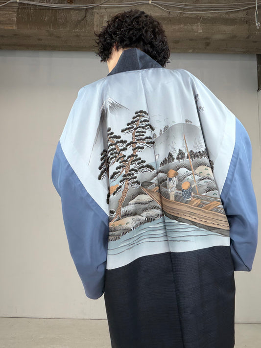 VINTAGE KAWAII HAORI oversized  "oshima, blue, fune ,yama , 001" *damage