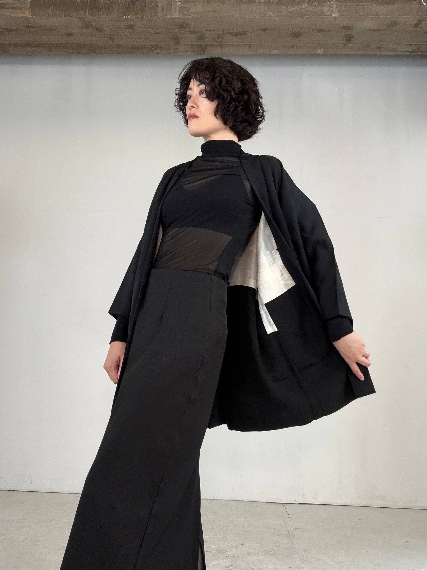 VINTAGE BLACK HAORI  "inside-goshoguruma, gosan-kiri-mon, BLK183"