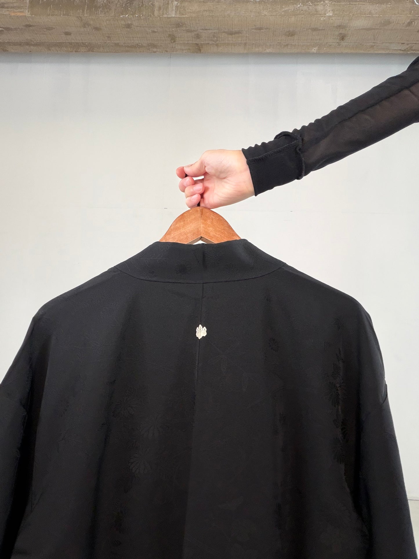 VINTAGE BLACK HAORI  "inside-goshoguruma, gosan-kiri-mon, BLK183"