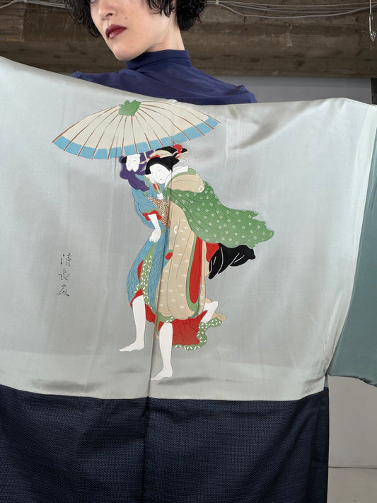 VINTAGE KAWAII HAORI oversized  "oshima, blue, bijinga, 020" shoshi-ari 上下