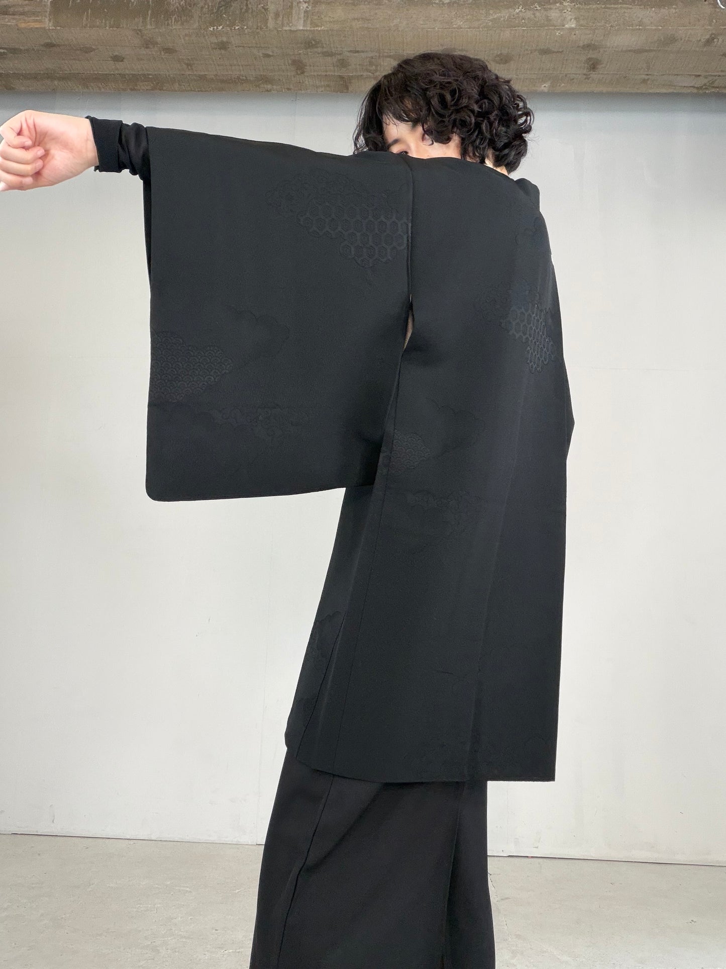 VINTAGE BLACK HAORI  "kikko, inside-leaf, BLK181"