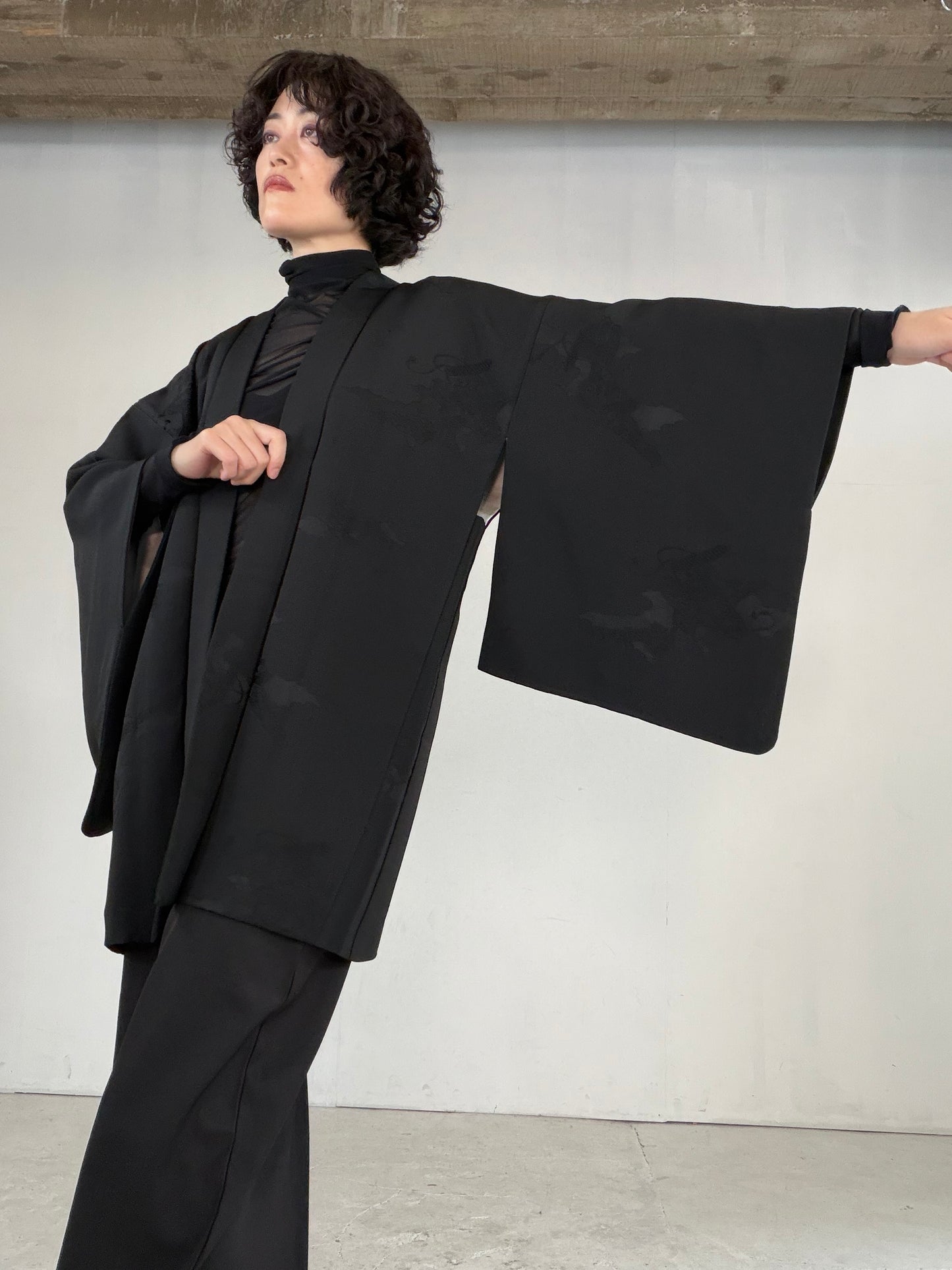 VINTAGE BLACK HAORI  "houkan, gosan-kiri-mon, BLK184"