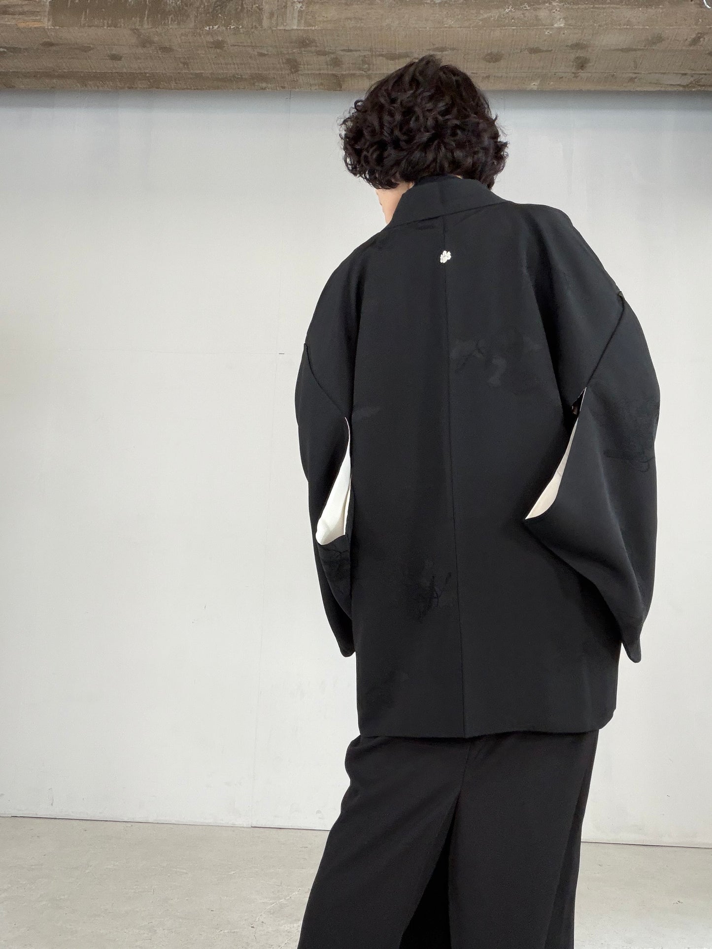 VINTAGE BLACK HAORI  "houkan, gosan-kiri-mon, BLK184"