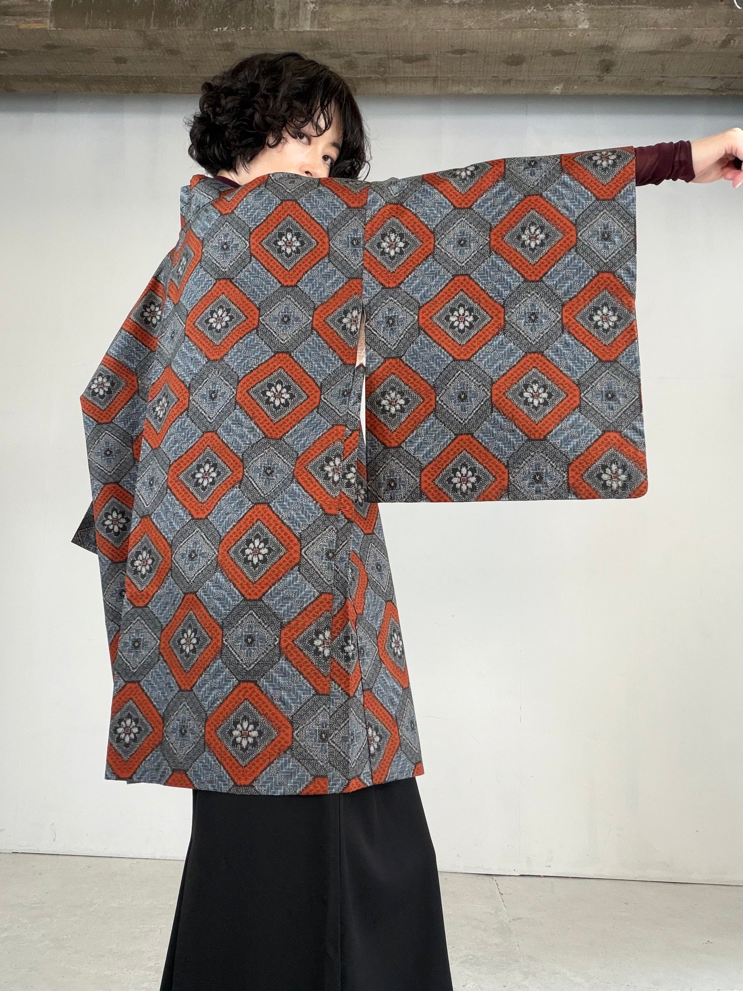 VINTAGE KAWAII HAORI "tsumugi, Haori, red, KAW112" *damage