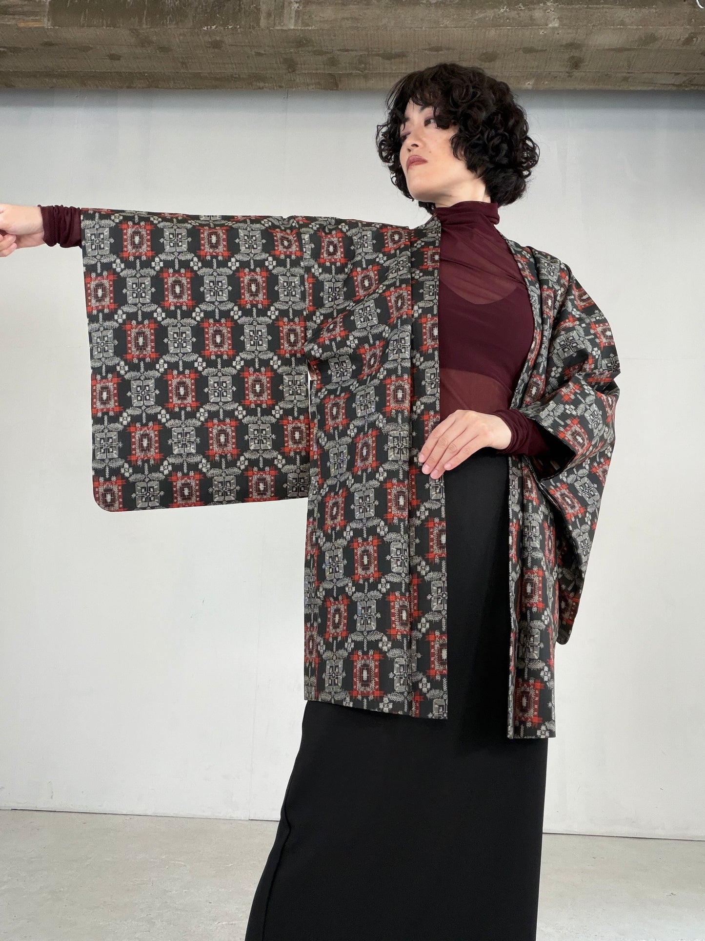 VINTAGE KAWAII HAORI "tsumugi, Haori, black-red, KAW113"