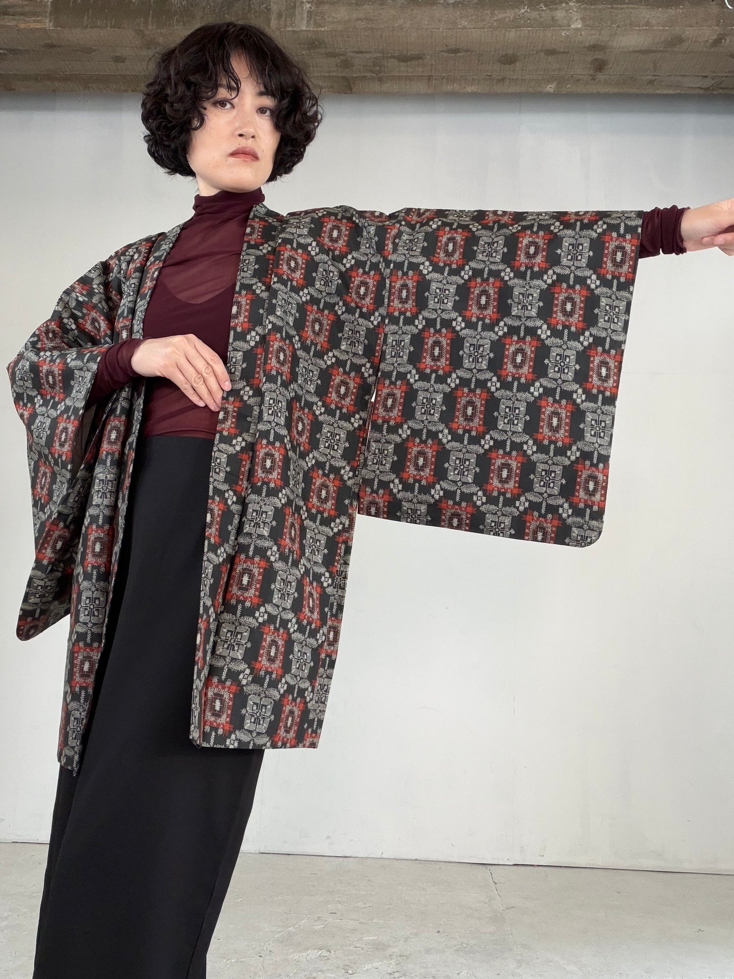 VINTAGE KAWAII HAORI "tsumugi, Haori, black-red, KAW113"