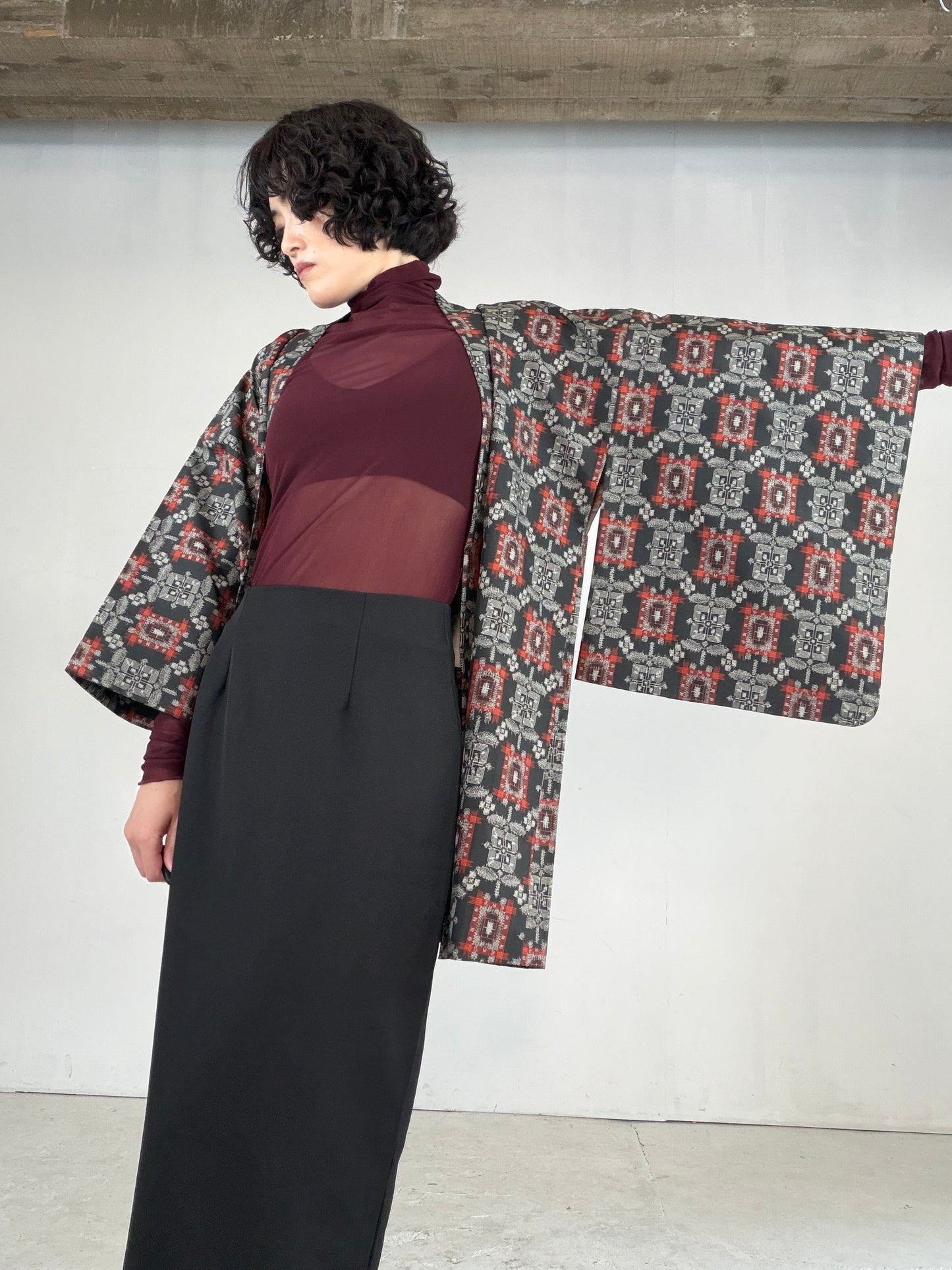 VINTAGE KAWAII HAORI "tsumugi, Haori, black-red, KAW113"
