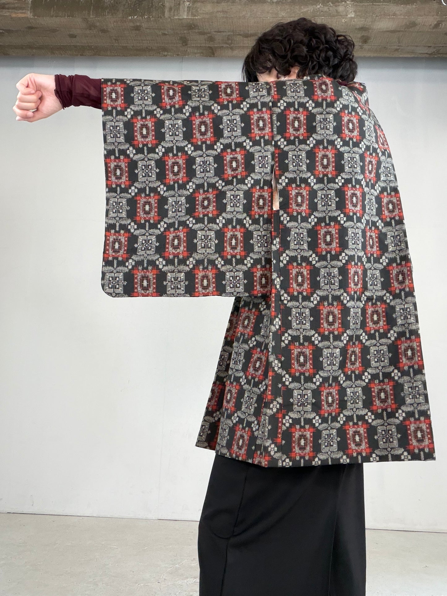 VINTAGE KAWAII HAORI "tsumugi, Haori, black-red, KAW113"
