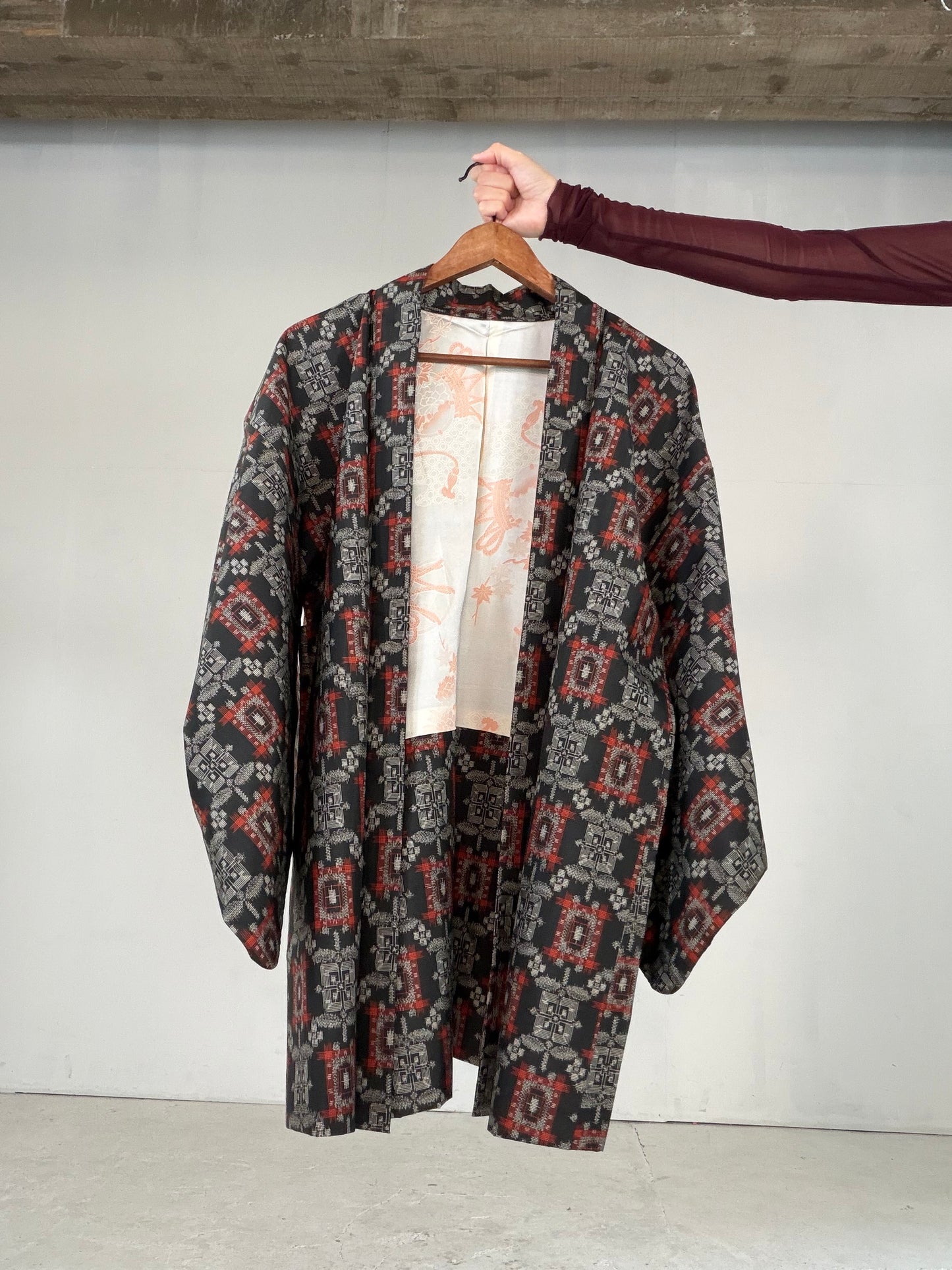 VINTAGE KAWAII HAORI "tsumugi, Haori, black-red, KAW113"