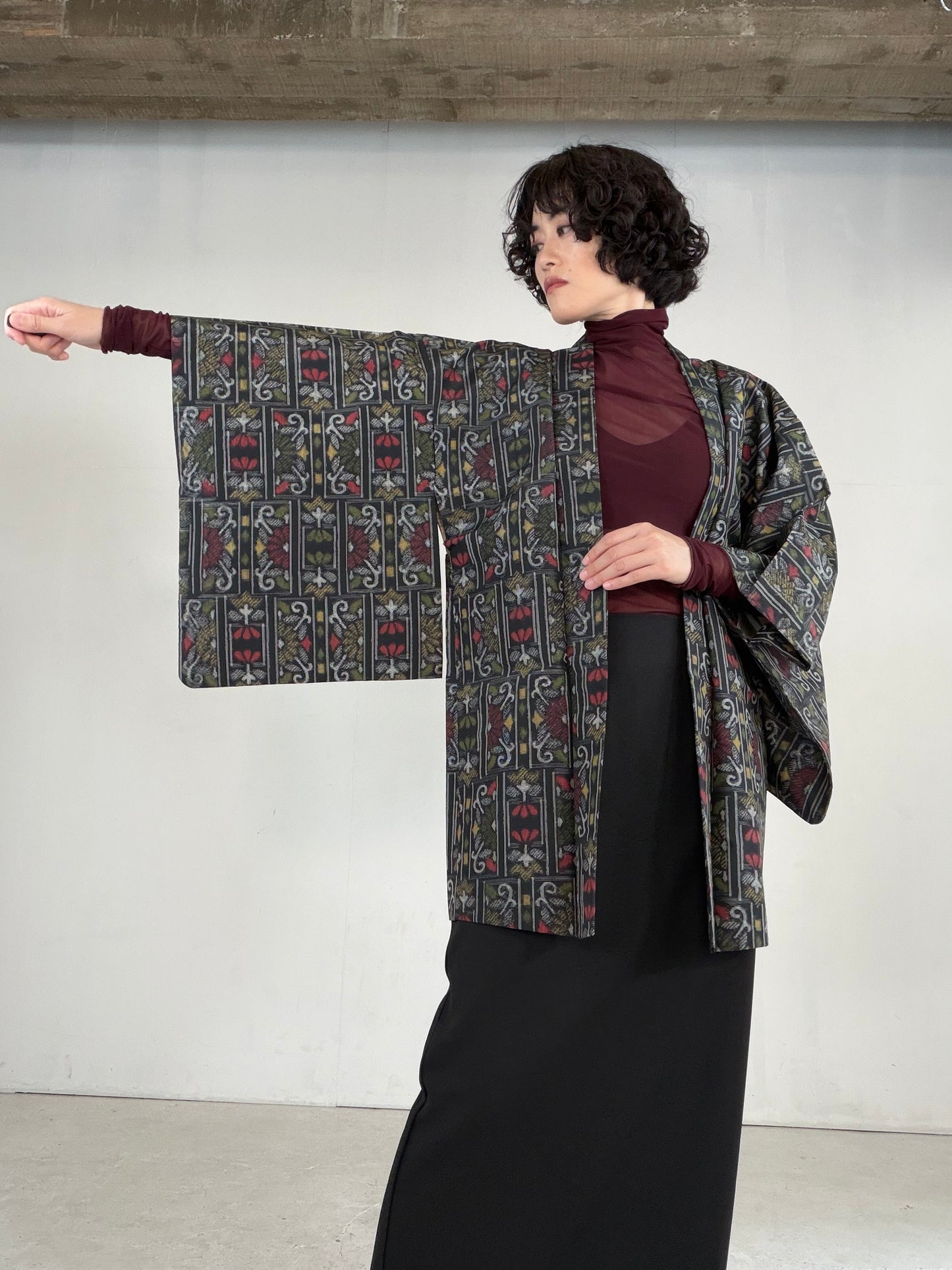 VINTAGE KAWAII HAORI "tsumugi, Haori, yellow, flower, KAW115"