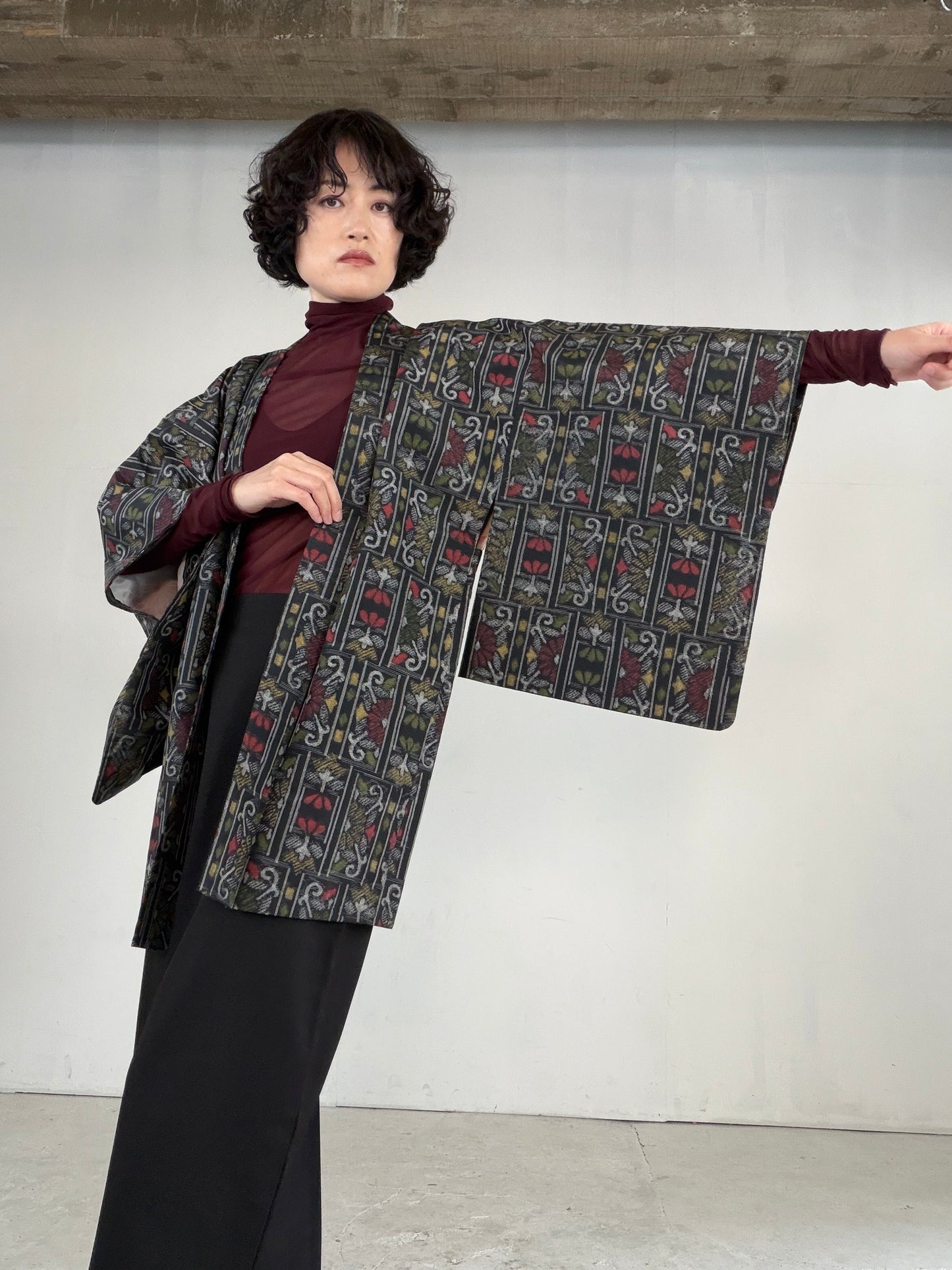 VINTAGE KAWAII HAORI "tsumugi, Haori, yellow, flower, KAW115"