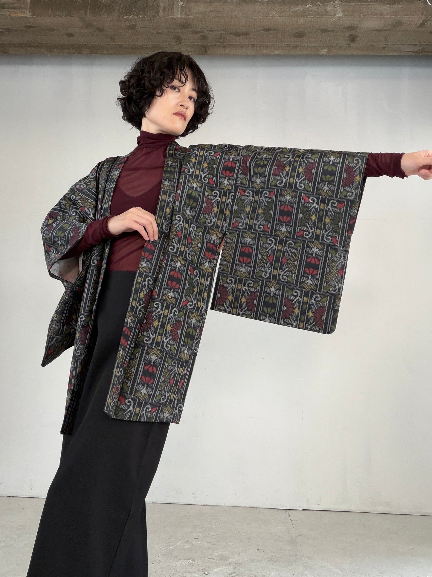 VINTAGE KAWAII HAORI "tsumugi, Haori, yellow, flower, KAW115"