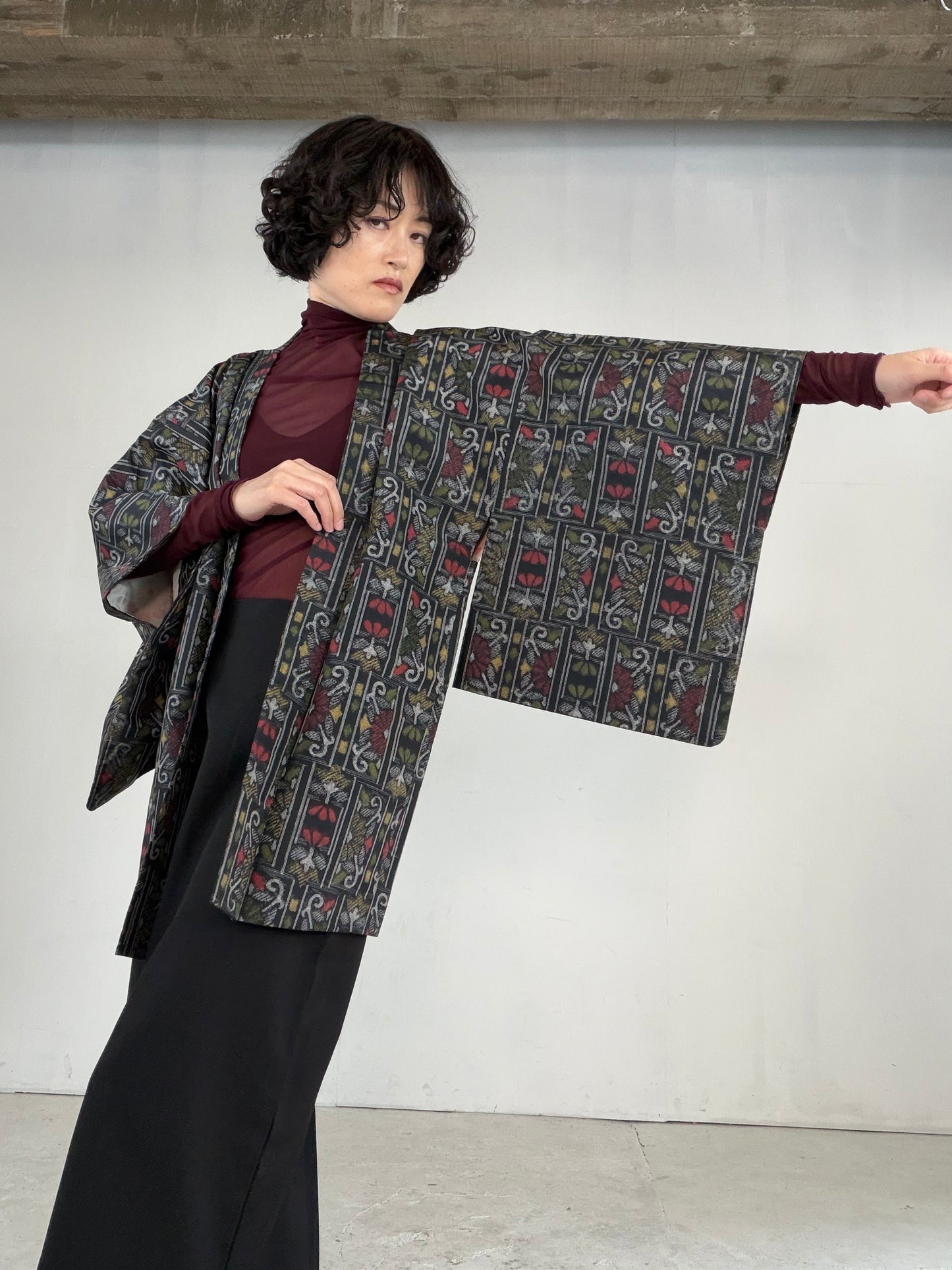 VINTAGE KAWAII HAORI "tsumugi, Haori, yellow, flower, KAW115"