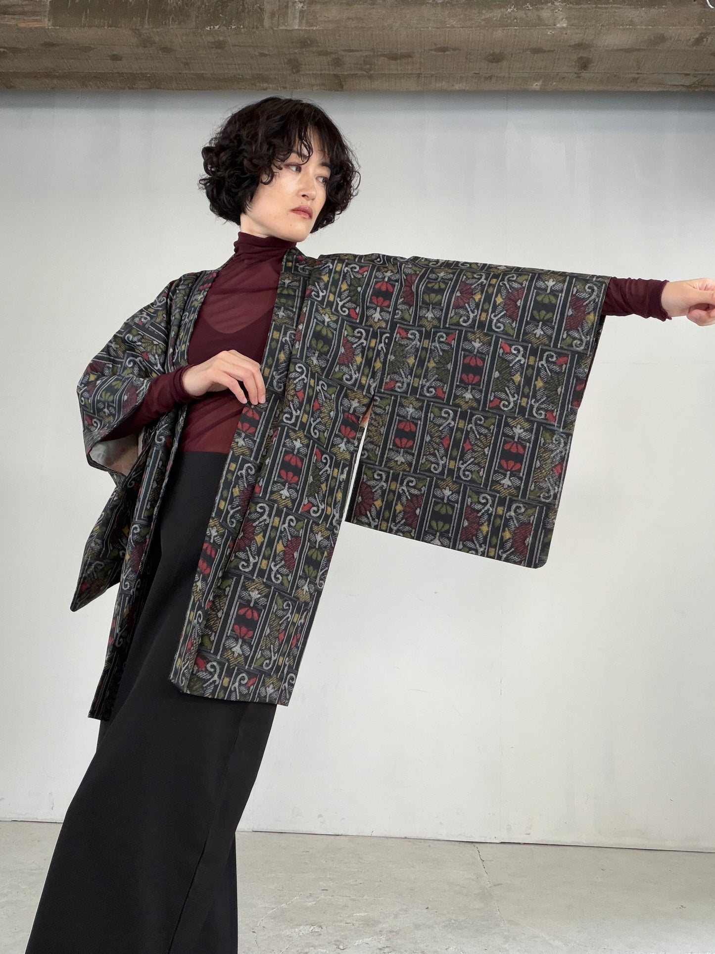 VINTAGE KAWAII HAORI "tsumugi, Haori, yellow, flower, KAW115"