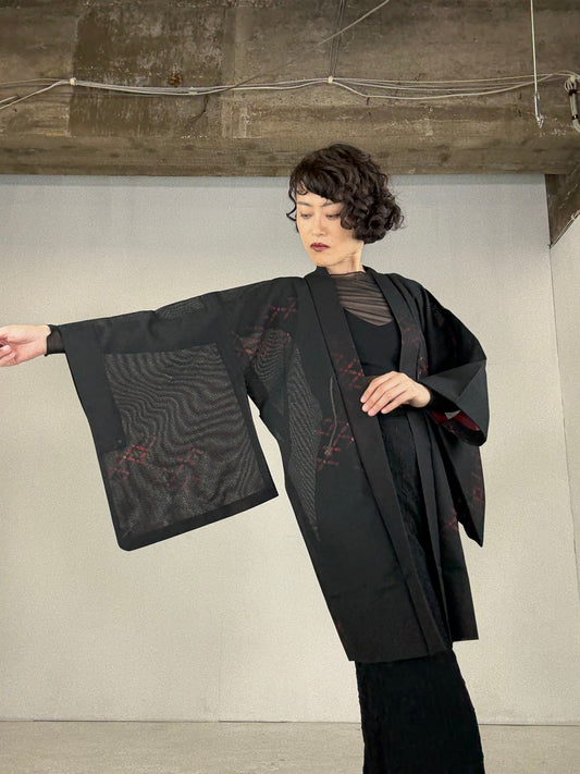 VINTAGE BLACK HAORI SHEER “koushi-flower"