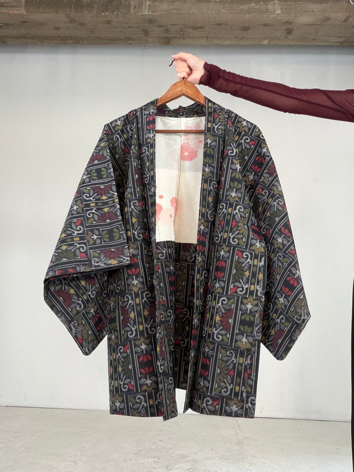 VINTAGE KAWAII HAORI "tsumugi, Haori, yellow, flower, KAW115"