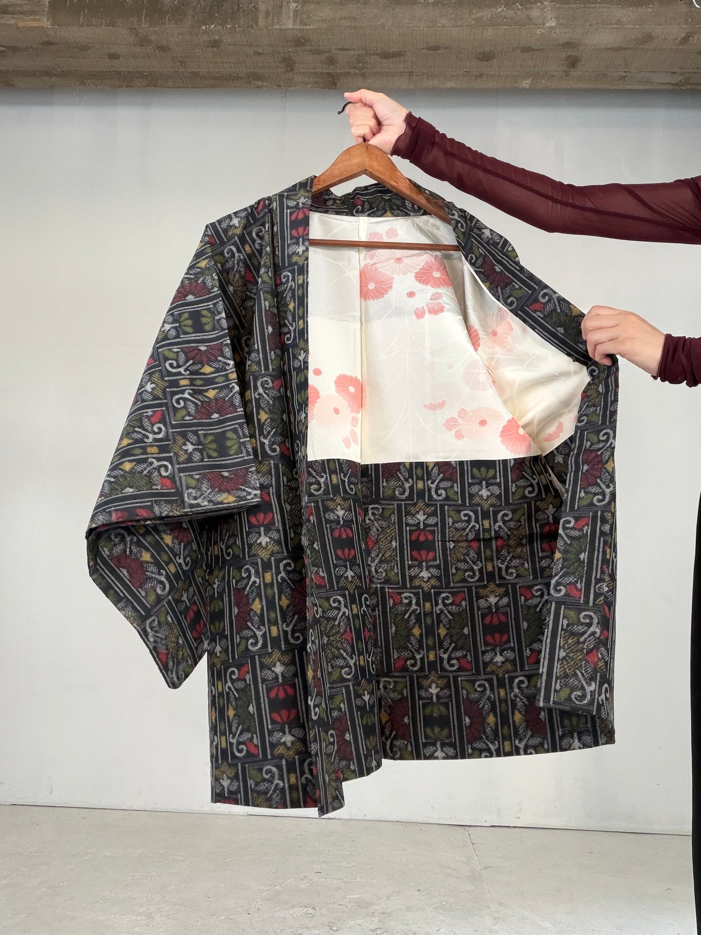 VINTAGE KAWAII HAORI "tsumugi, Haori, yellow, flower, KAW115"