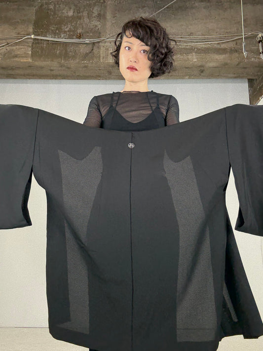 VINTAGE BLACK HAORI SHEER “ro, mitsu-kashiwa-kamon"