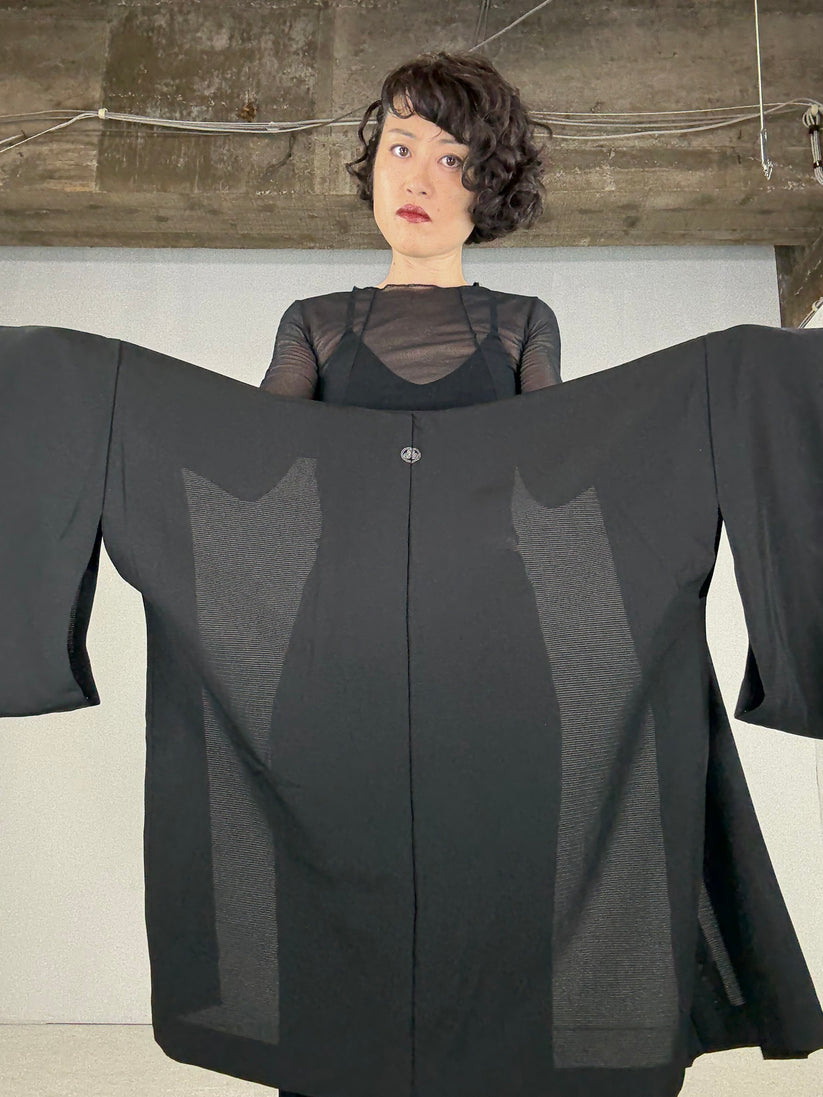 VINTAGE BLACK HAORI SHEER “ro, mitsu-kashiwa-kamon, SHH009