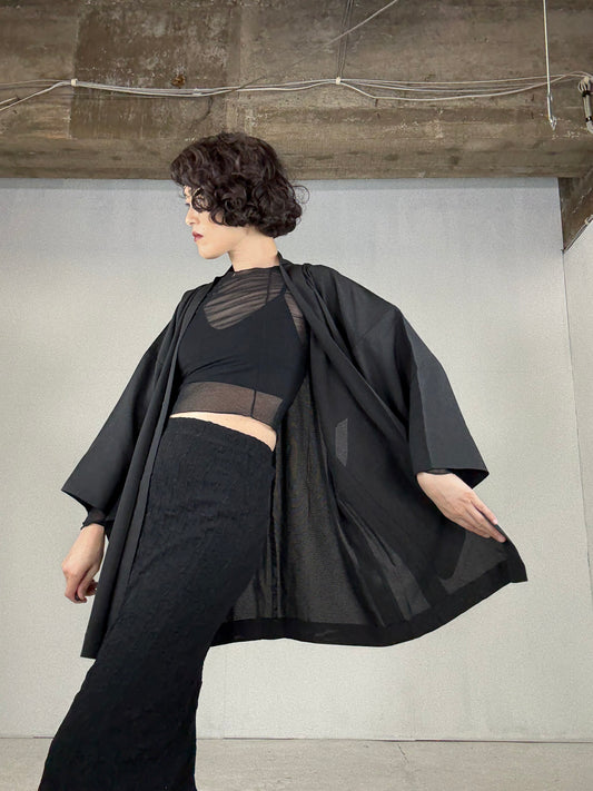 VINTAGE BLACK HAORI SHEER “ro, mitsu-kashiwa-kamon"