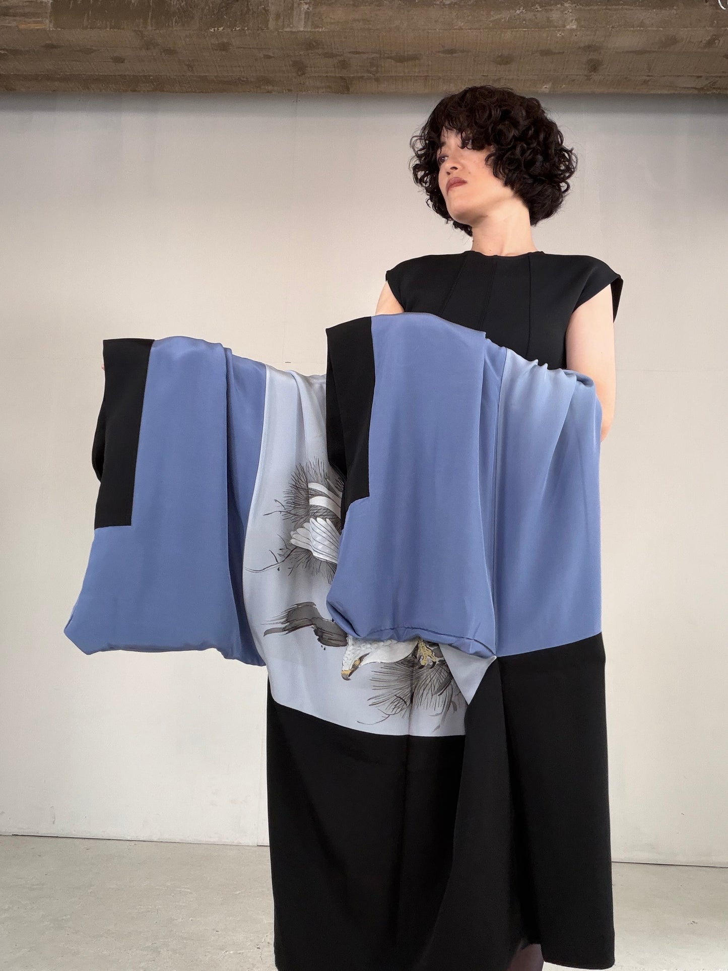 VINTAGE KUROMONTSUKI HAORI "hawk, Yoko-mokko-mon, KUR123"