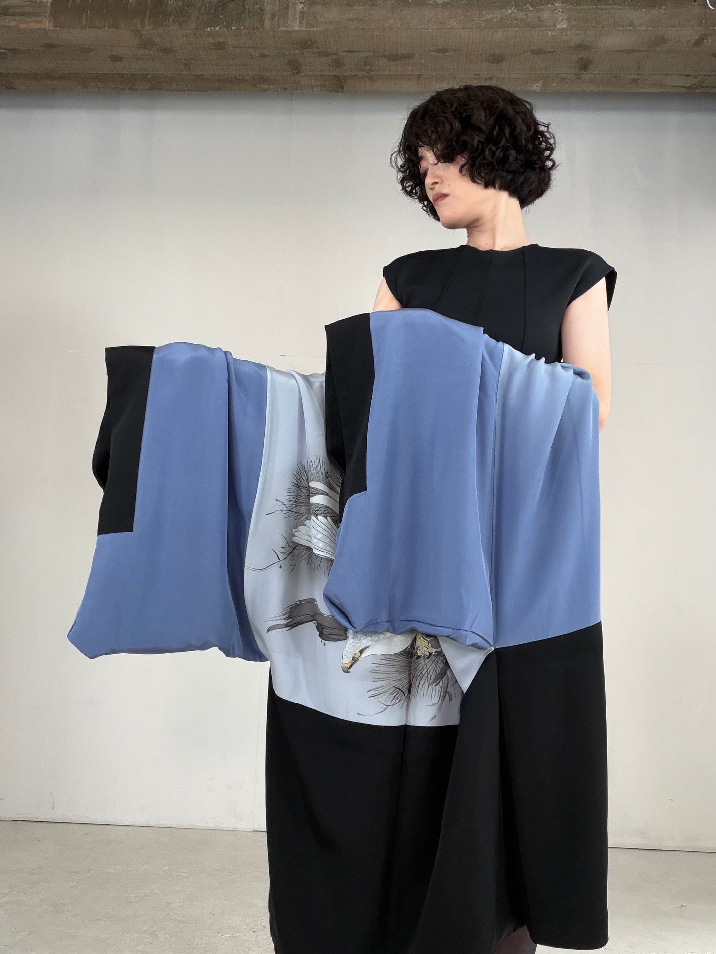 VINTAGE KUROMONTSUKI HAORI "hawk, Yoko-mokko-mon, KUR123"