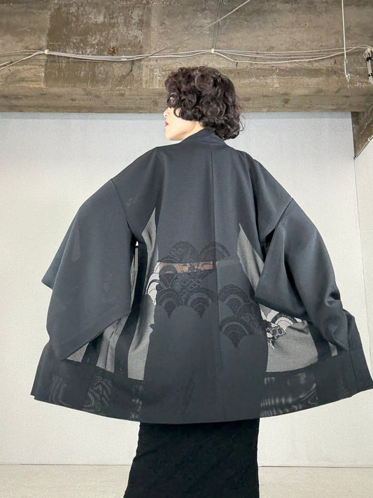VINTAGE BLACK HAORI SHEER “ro, seigaiha, kiku, kikko"