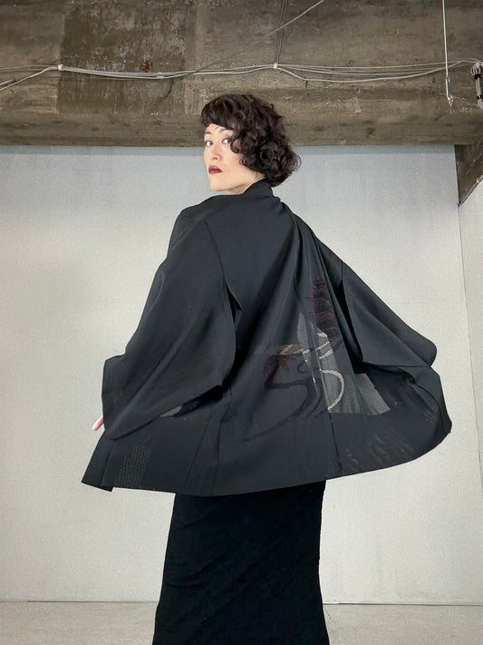 VINTAGE BLACK HAORI SHEER “ro, suisha, red"