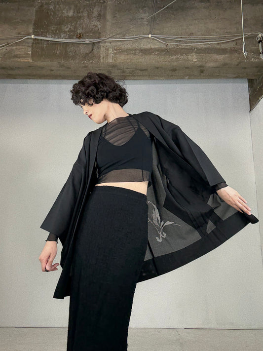 VINTAGE BLACK HAORI SHEER “ro, leaf"
