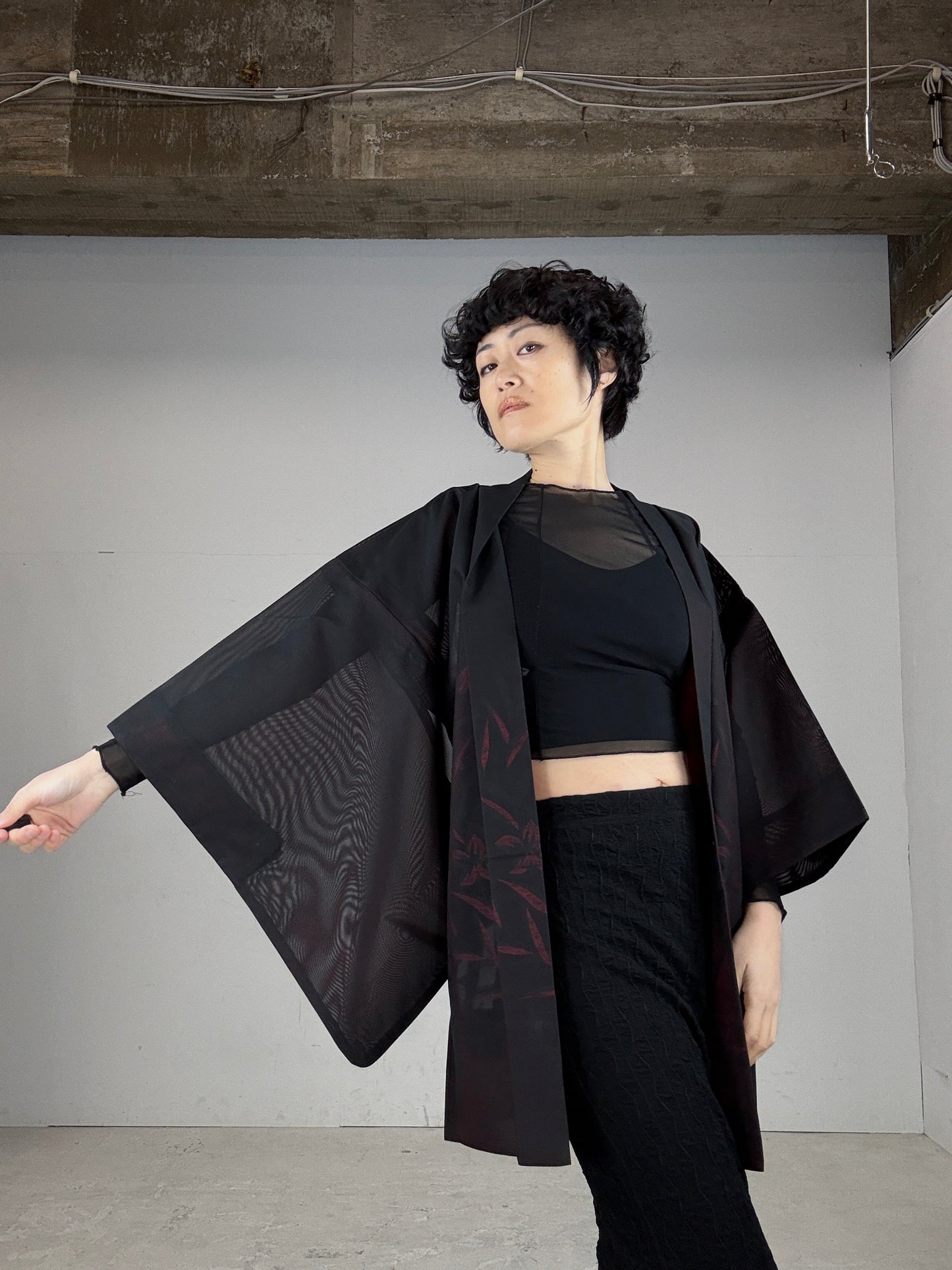 VINTAGE BLACK HAORI SHEER “red, flower"