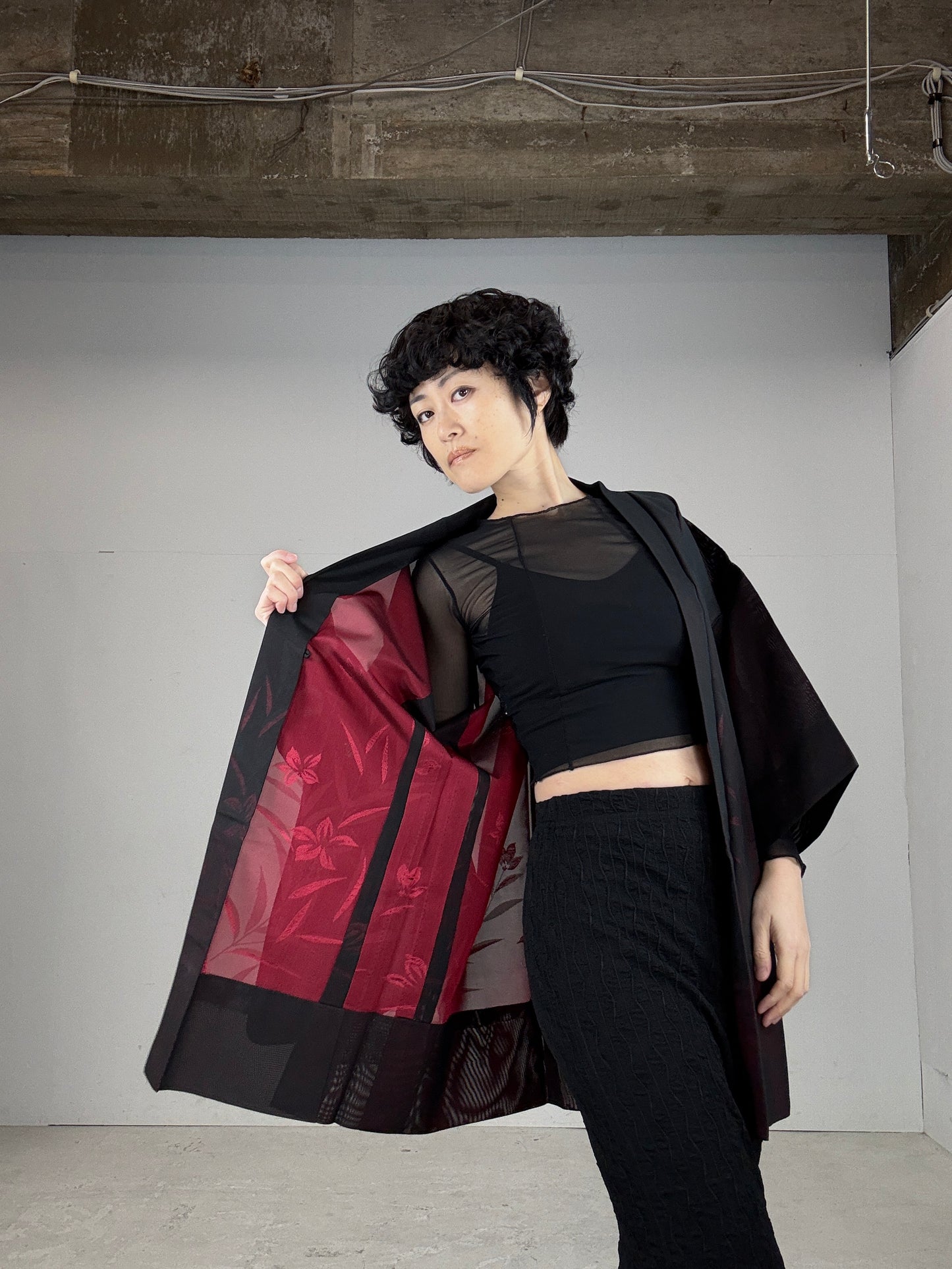 VINTAGE BLACK HAORI SHEER “red, flower"