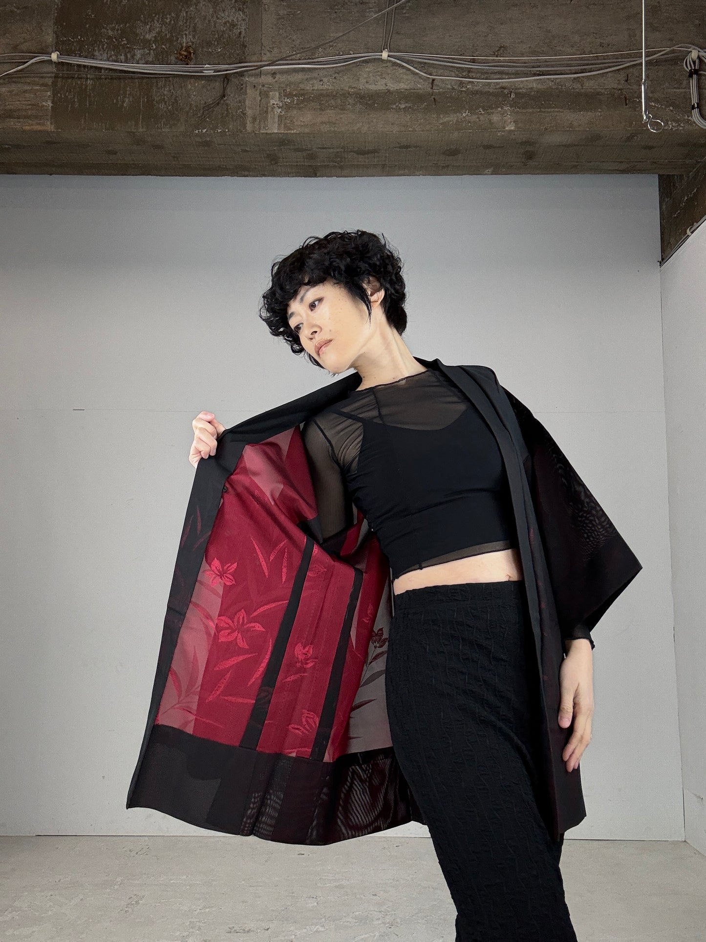 VINTAGE BLACK HAORI SHEER “red, flower"