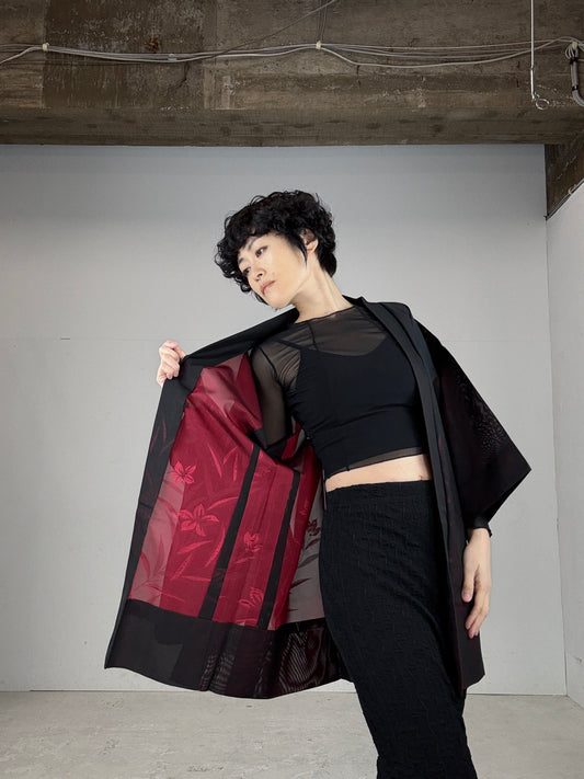 VINTAGE BLACK HAORI SHEER “red, flower"