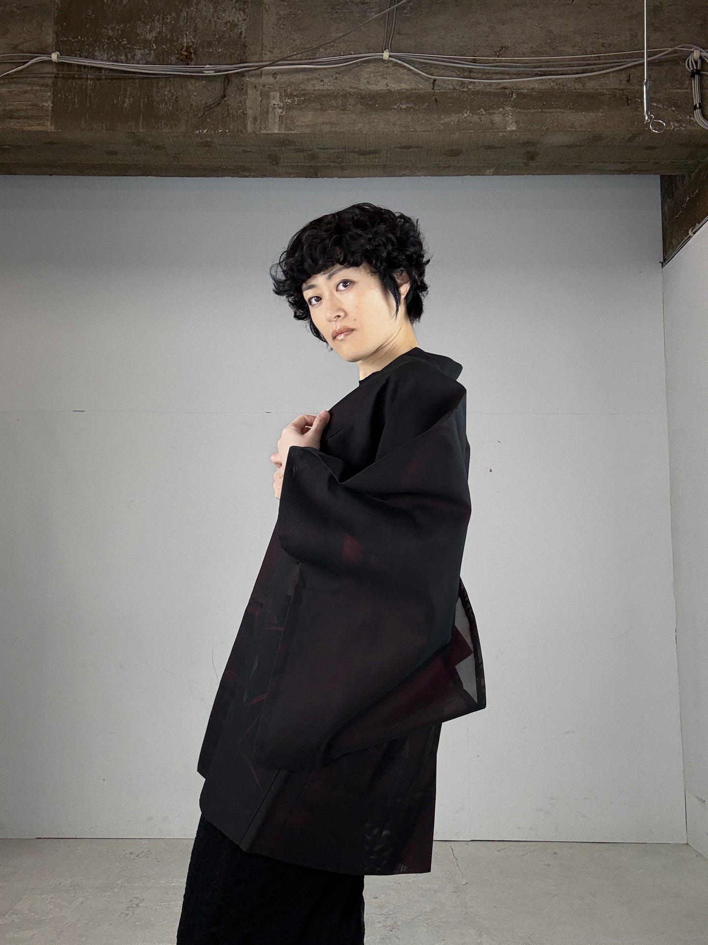 VINTAGE BLACK HAORI SHEER “red, flower"