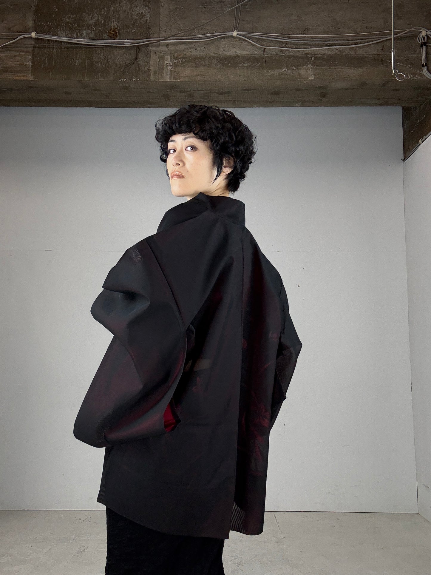 VINTAGE BLACK HAORI SHEER “red, flower"