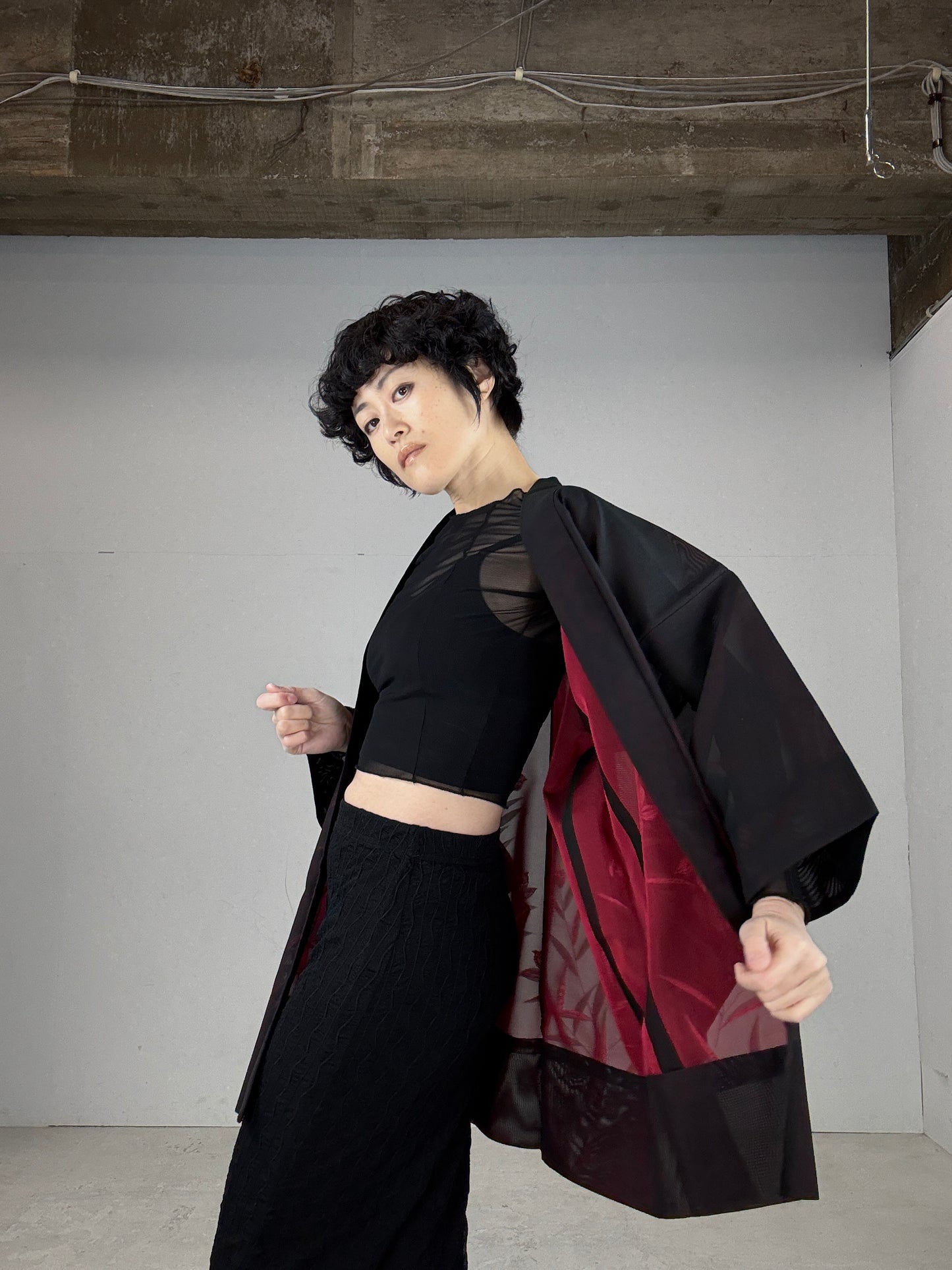 VINTAGE BLACK HAORI SHEER “red, flower"