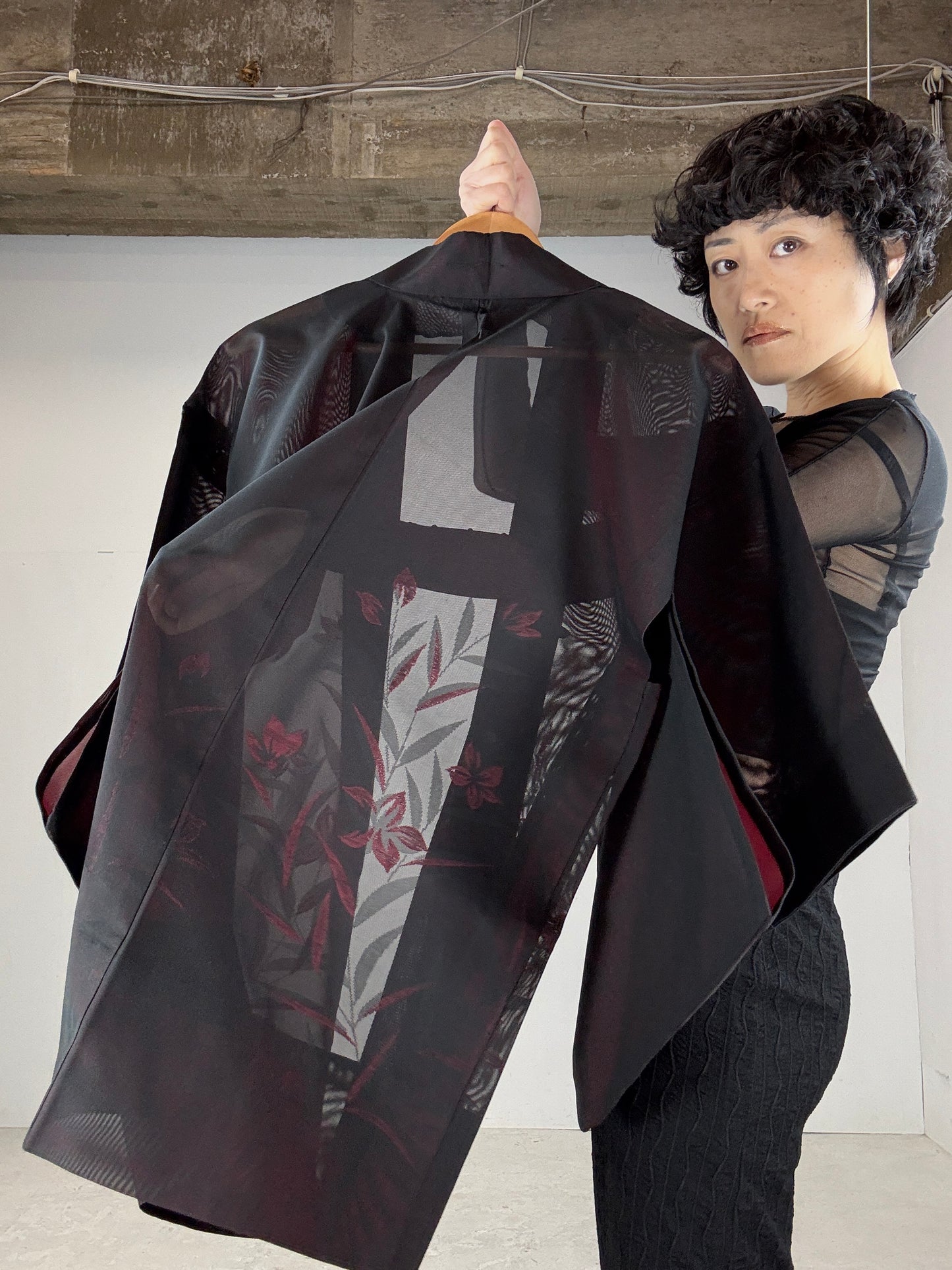 VINTAGE BLACK HAORI SHEER “red, flower"