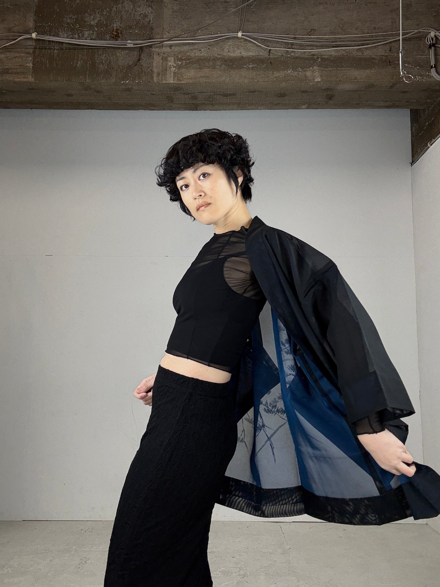 VINTAGE BLACK HAORI SHEER “blue, matsu"